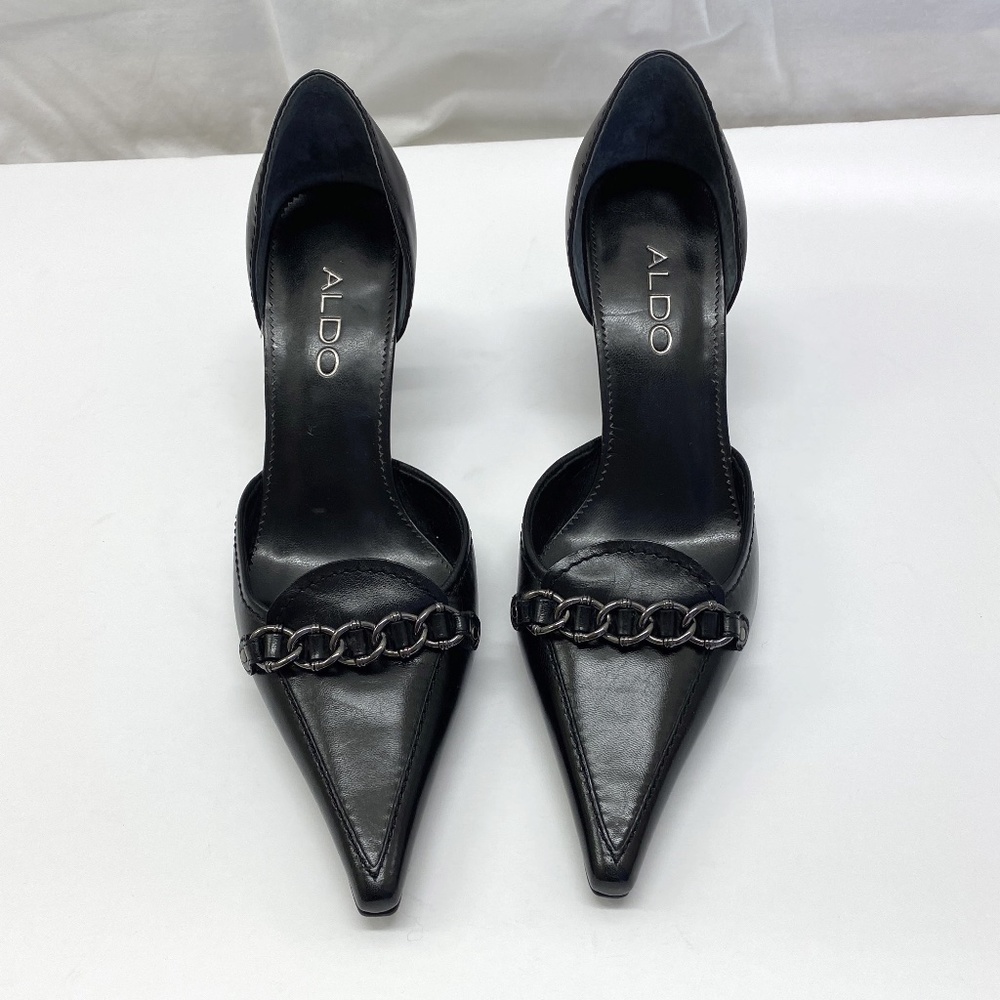 Aldo Black Pointed Toe Chain Accent Heels